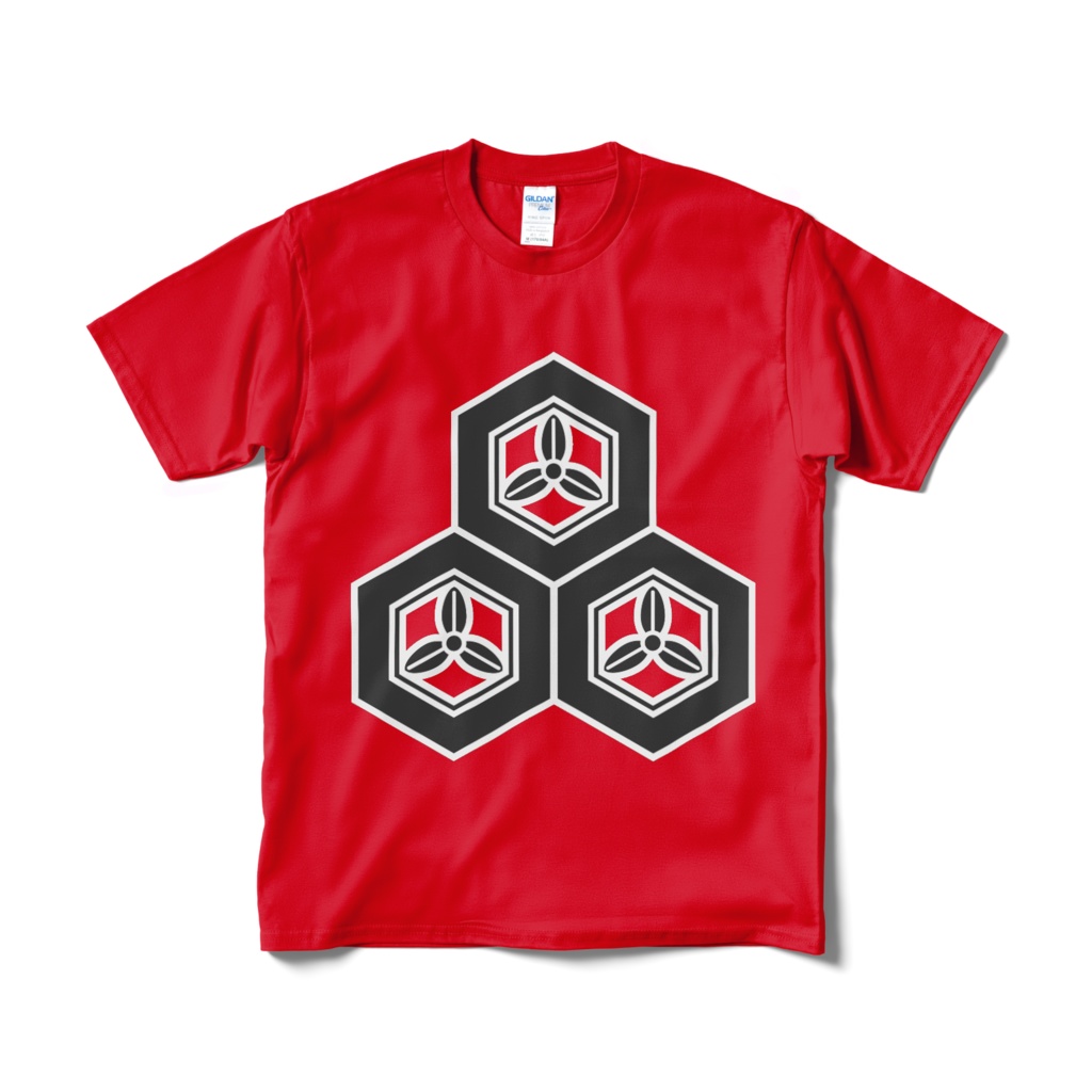 戦国武将 直江兼続 三つ盛亀甲に三つ葉 赤黒Tシャツ