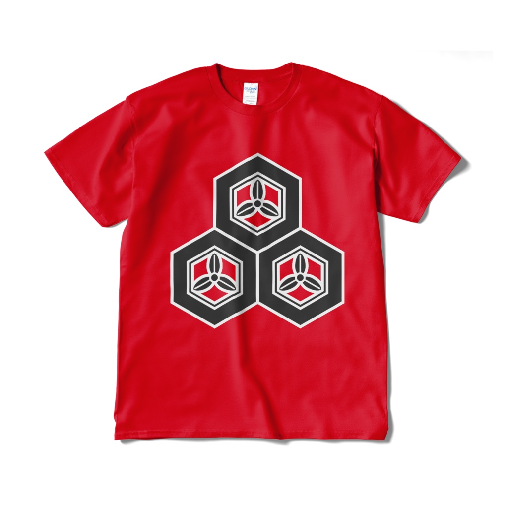 戦国武将 直江兼続 三つ盛亀甲に三つ葉 赤黒Tシャツ