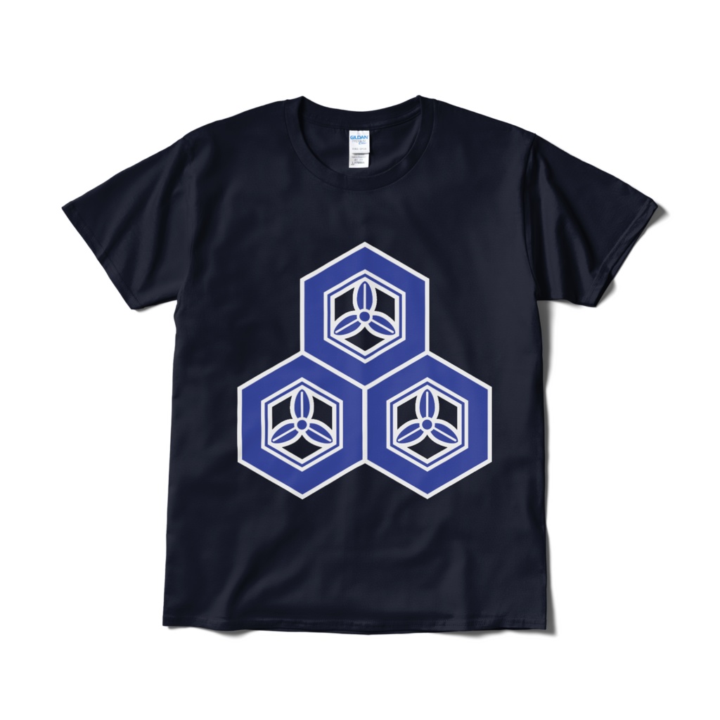戦国武将 直江兼続 三つ盛亀甲に三つ葉 紺青Tシャツ