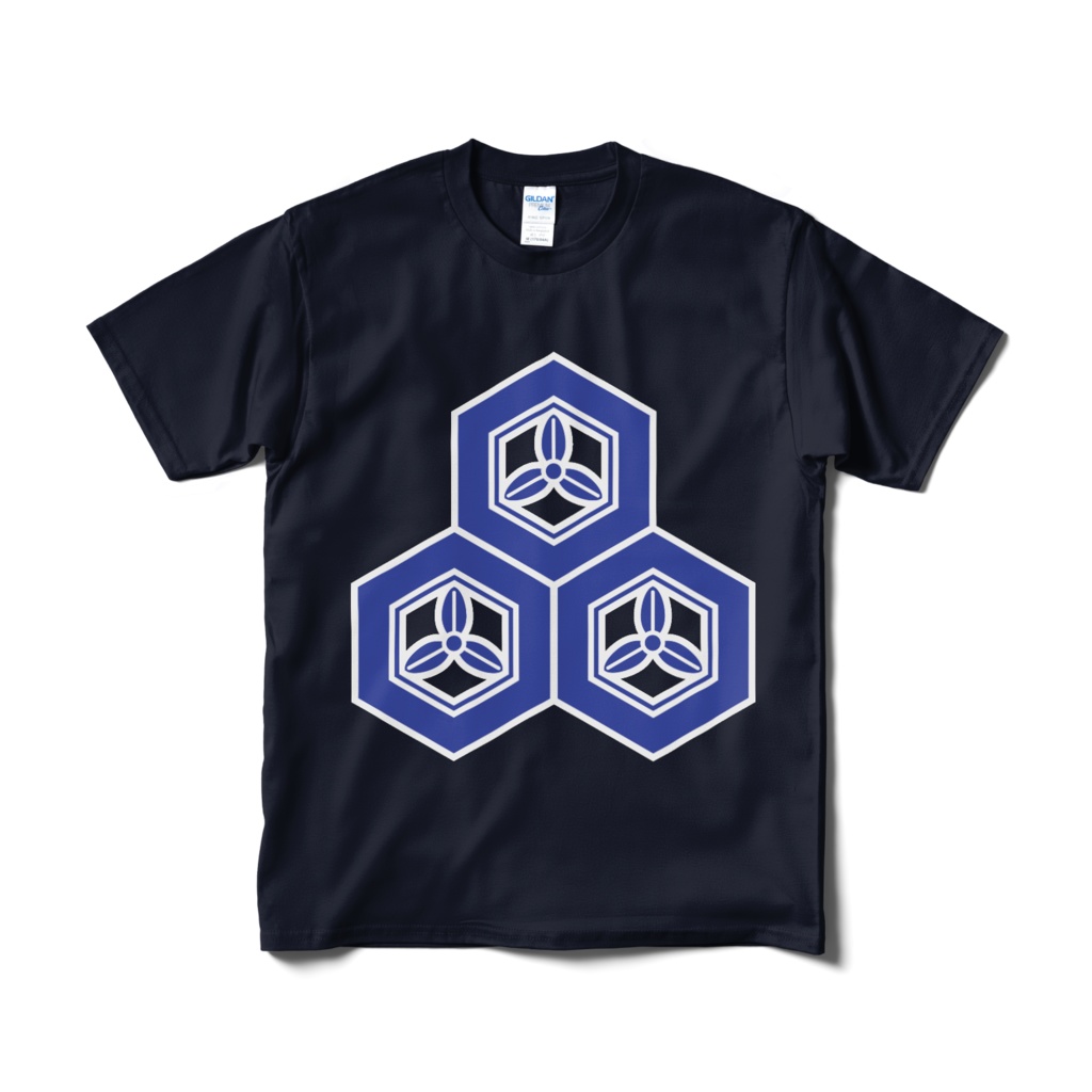 戦国武将 直江兼続 三つ盛亀甲に三つ葉 紺青Tシャツ