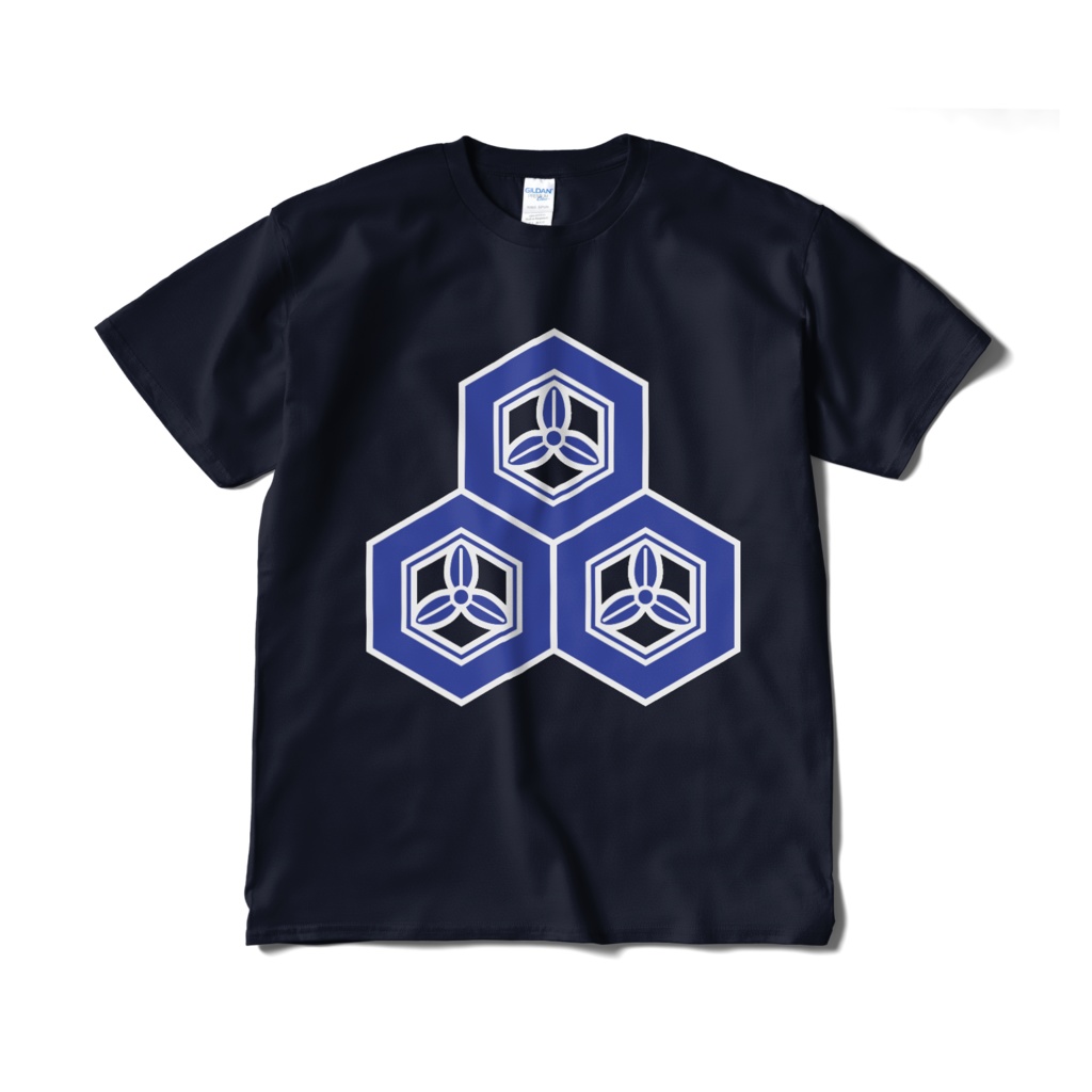 戦国武将 直江兼続 三つ盛亀甲に三つ葉 紺青Tシャツ