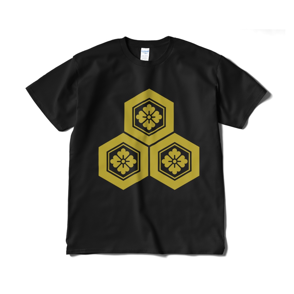 戦国武将 直江兼続 三盛亀甲に花菱 黒金Tシャツ