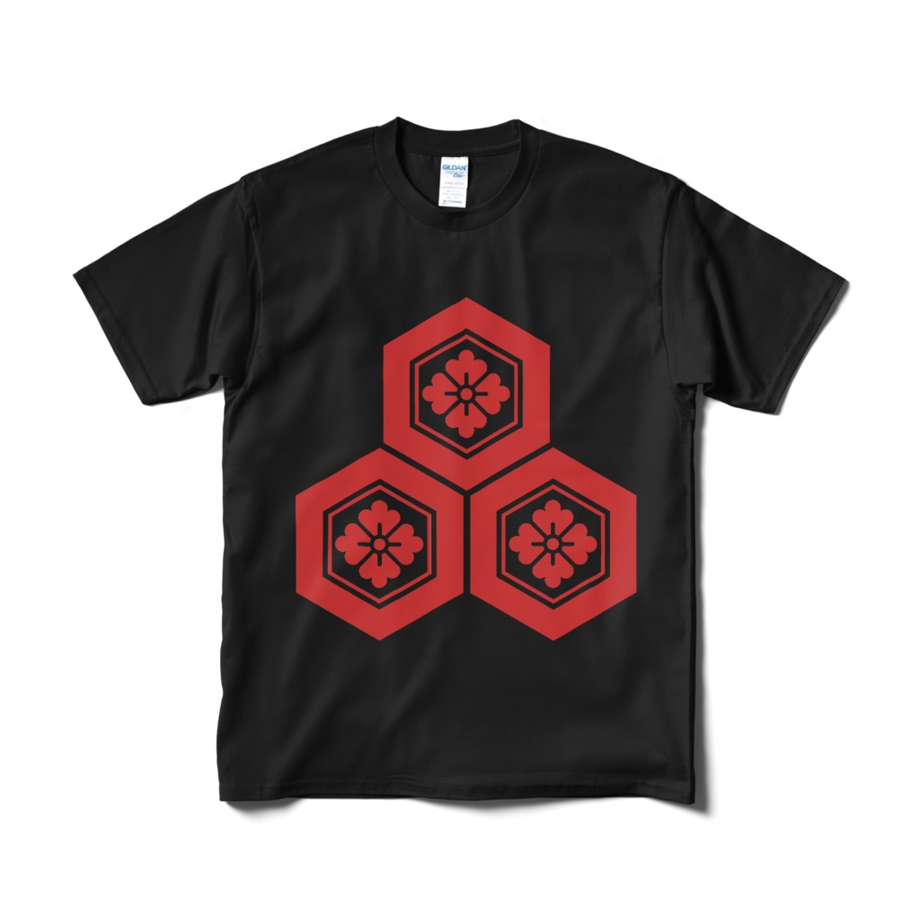 戦国武将 直江兼続 三盛亀甲に花菱 黒赤Tシャツ