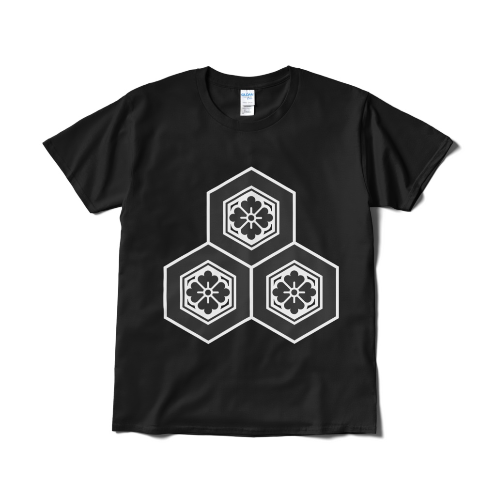 戦国武将 直江兼続 三盛亀甲に花菱 黒白Tシャツ