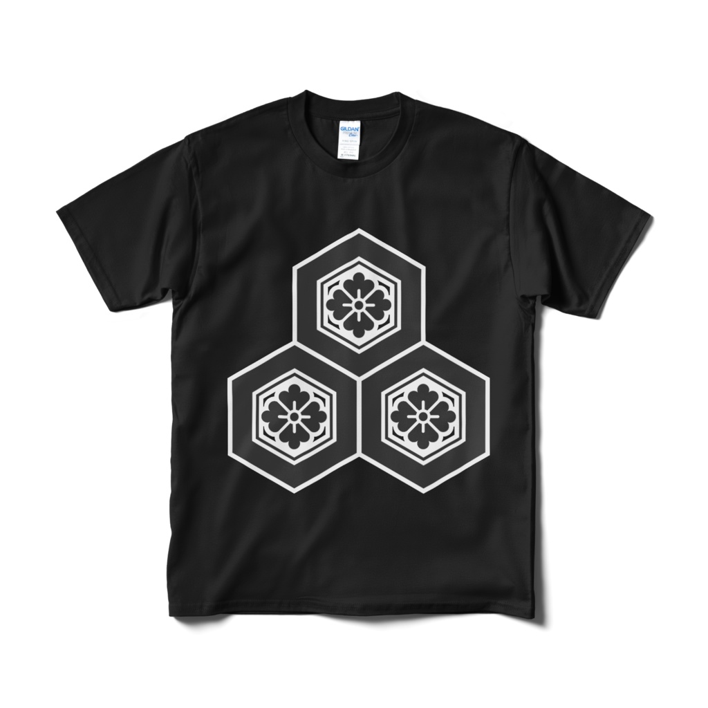 戦国武将 直江兼続 三盛亀甲に花菱 黒白Tシャツ