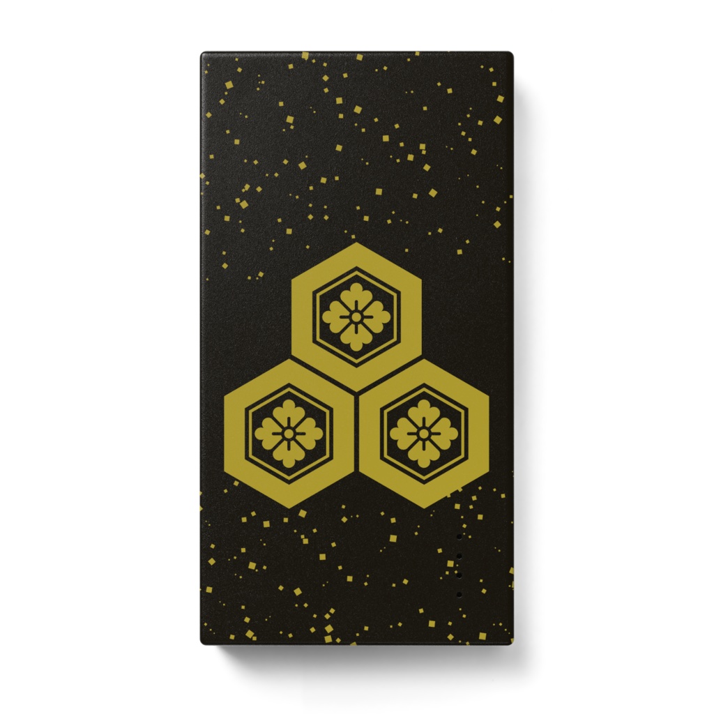 モバイルバッテリー 直江兼続  家紋 三盛亀甲に花菱 黒に金箔
