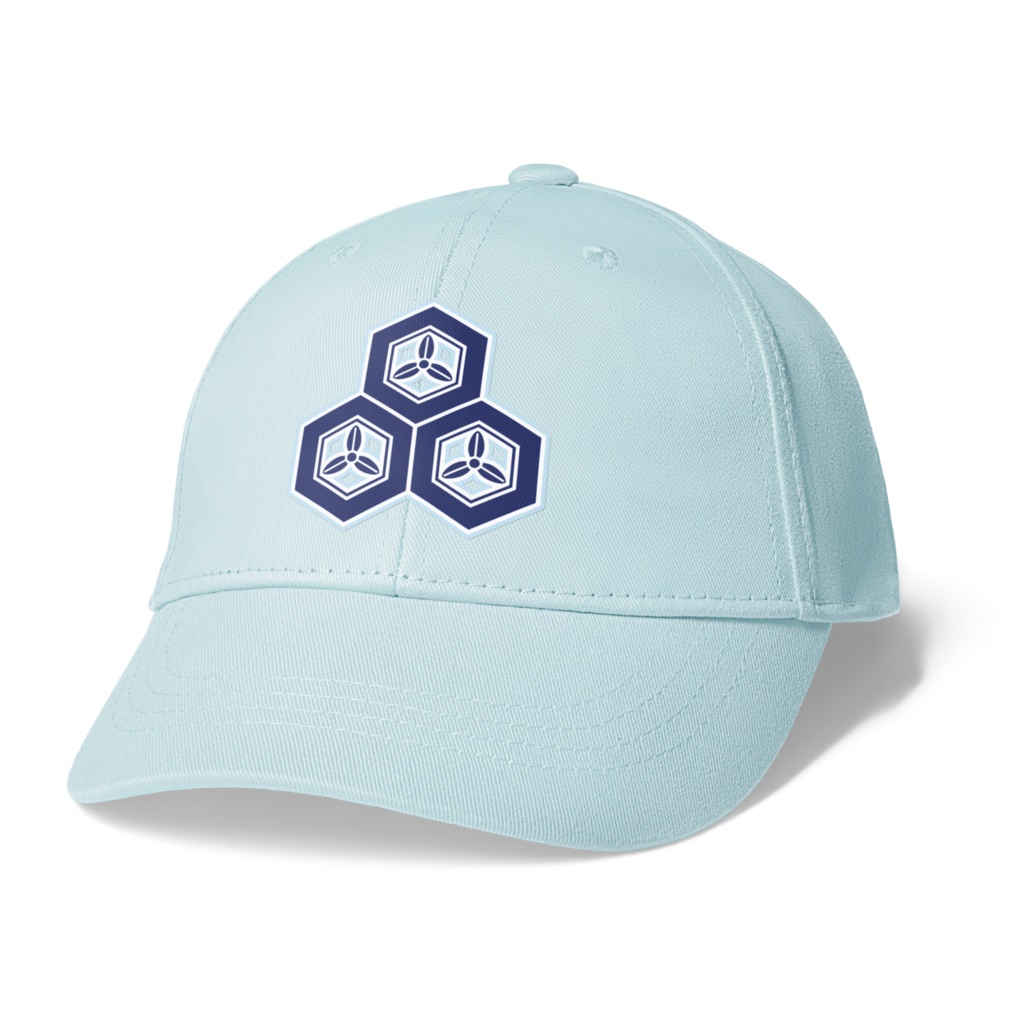 直江兼続 家紋 三つ盛亀甲に三つ葉 キャップ 水色に青