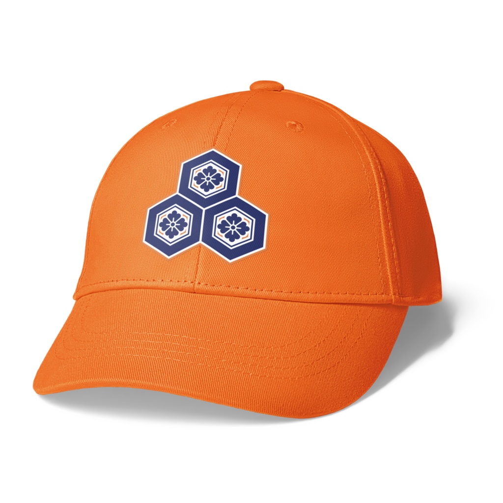 直江兼続 家紋 三盛亀甲に花菱 キャップ オレンジ青