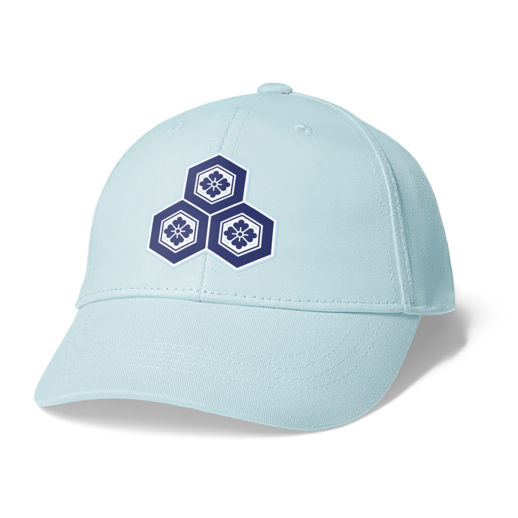 直江兼続 家紋 三盛亀甲に花菱 キャップ 水色青