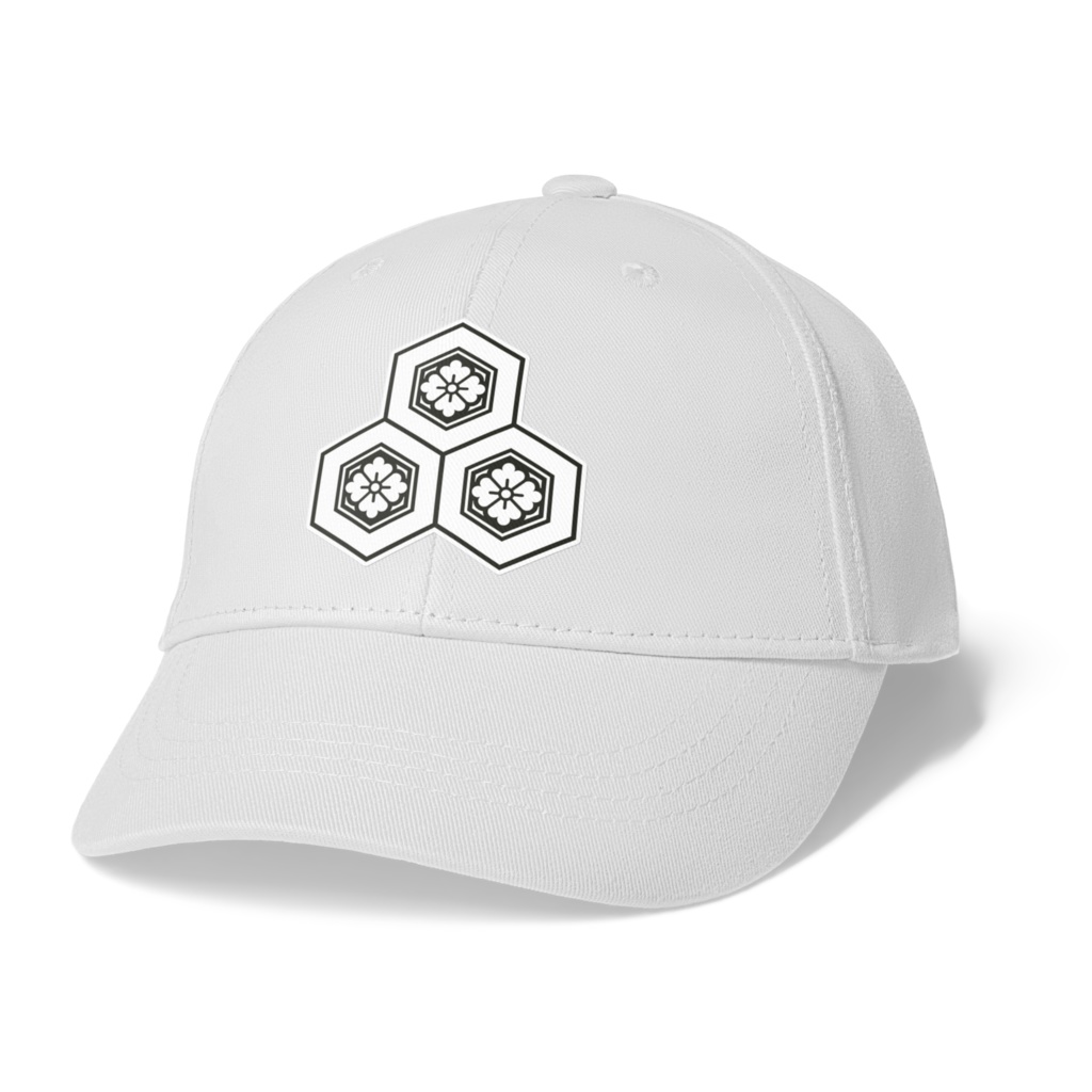 直江兼続 家紋 三盛亀甲に花菱 キャップ 白黒白
