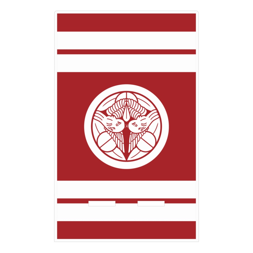 スマホスタンド 上杉謙信 家紋 竹に飛び雀 赤地に白縞 指物風