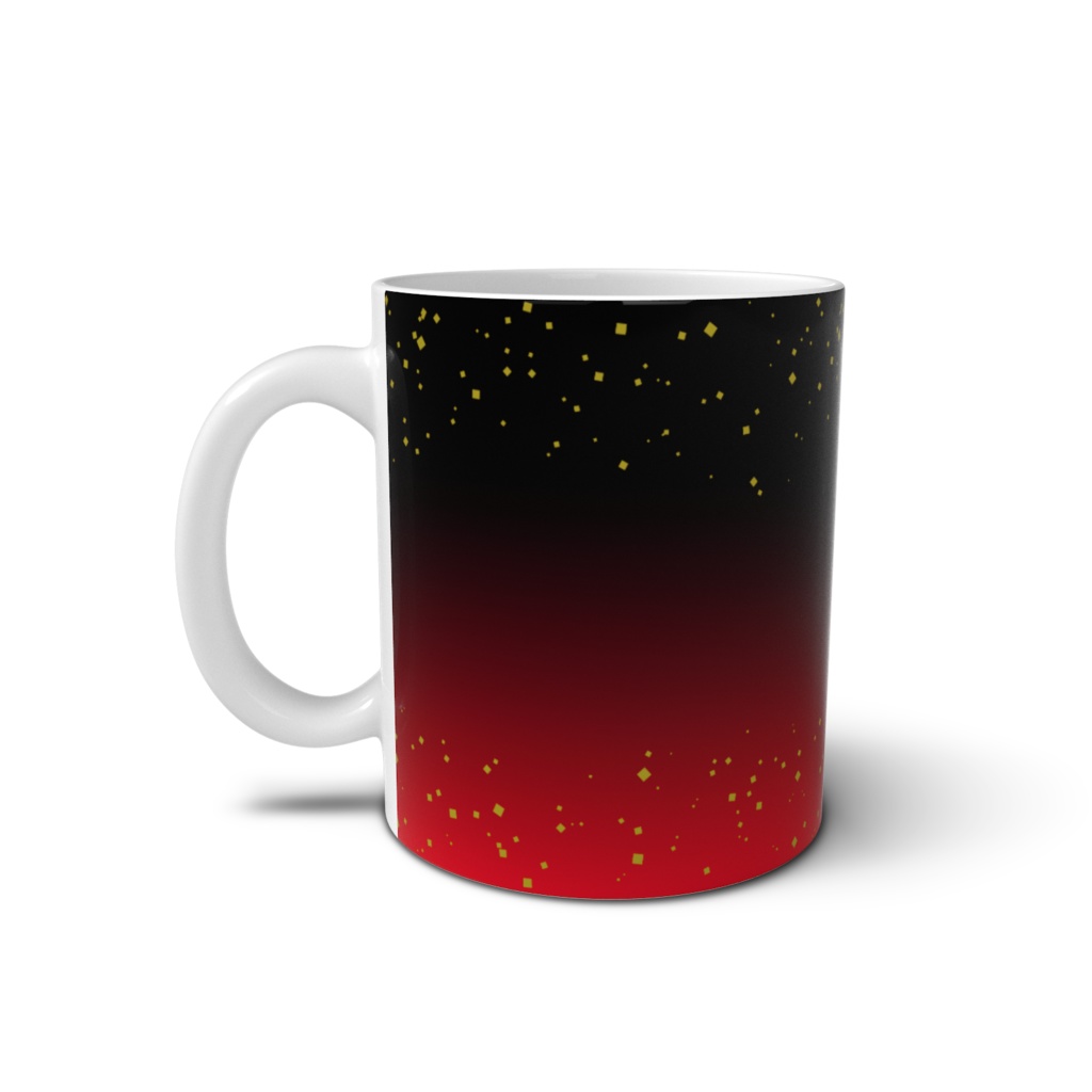 マグカップ 直江兼続家紋 三つ盛亀甲に三つ葉 黒地に赤 金箔