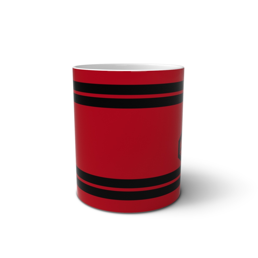 マグカップ 直江兼続家紋 三つ盛亀甲に三つ葉 赤地に黒縞