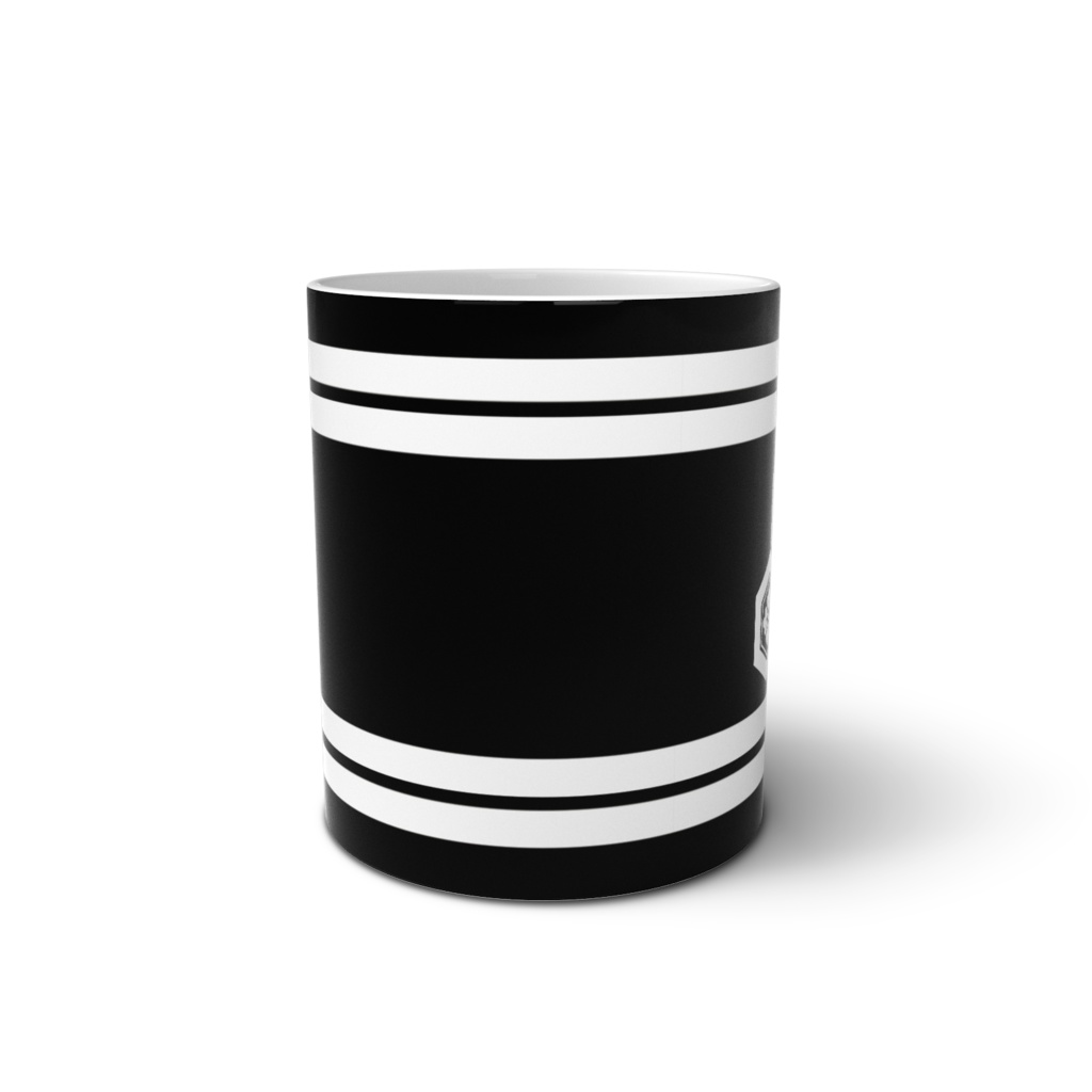 マグカップ 直江兼続家紋 三つ盛亀甲に花菱 黒地に白縞