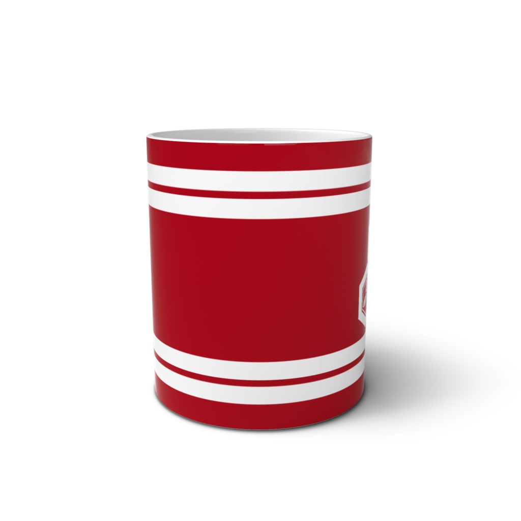 マグカップ 直江兼続家紋 三つ盛亀甲に三つ葉 赤地に白縞