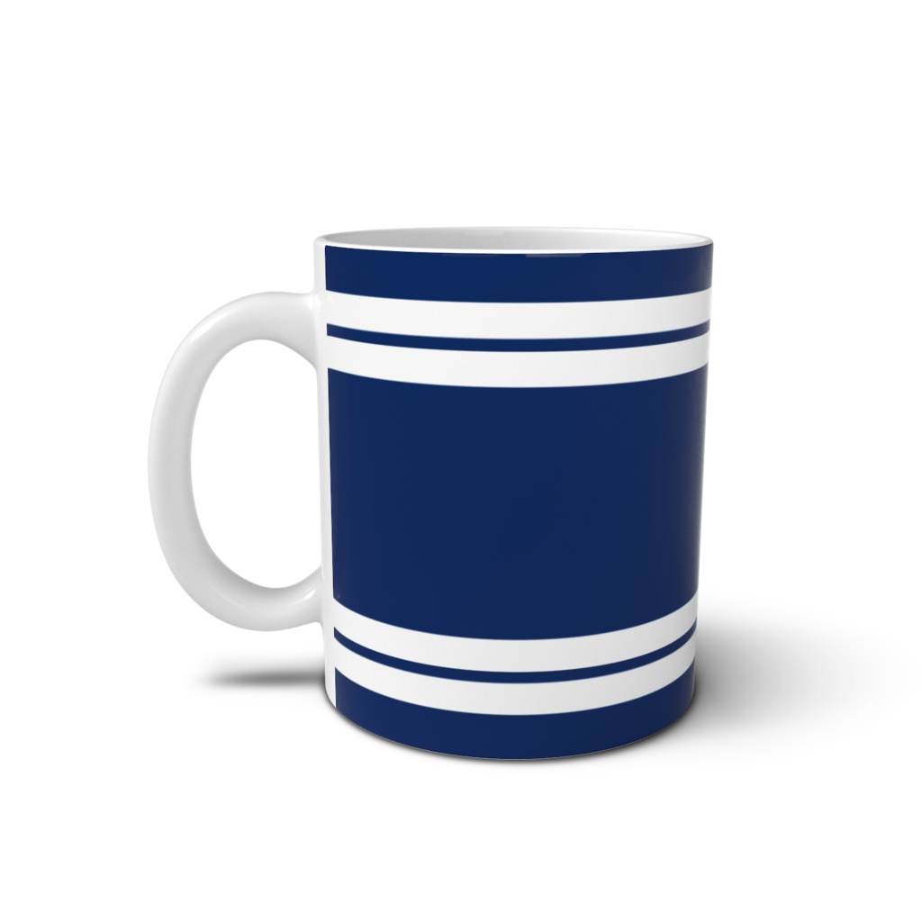 マグカップ 直江兼続家紋 三つ盛亀甲に三つ葉 青地に白縞