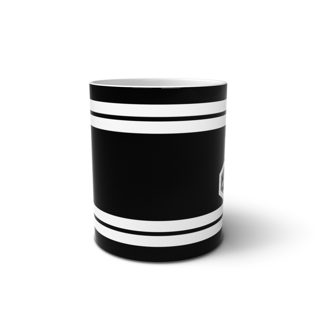 マグカップ 直江兼続家紋 三つ盛亀甲に三つ葉 黒地に白縞