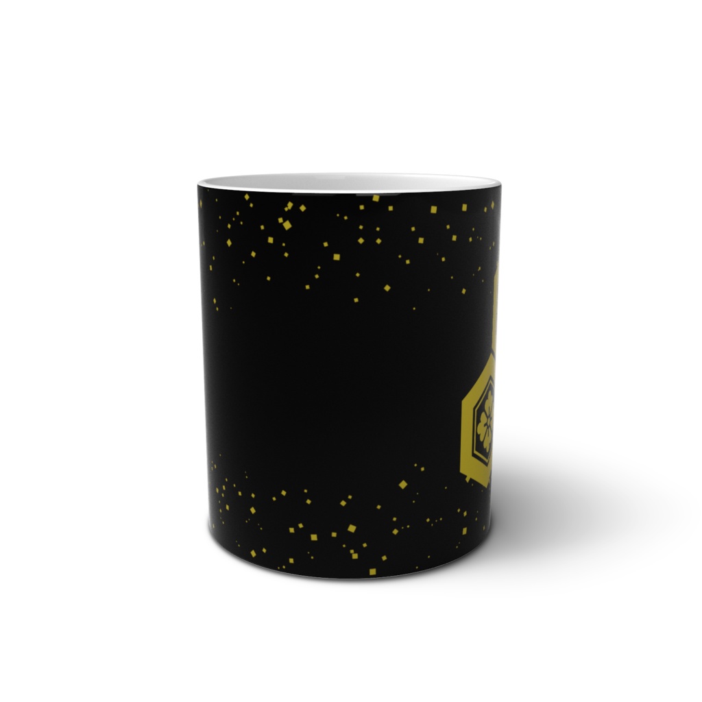 マグカップ 直江兼続家紋 三つ盛亀甲に花菱 黒に金粉ちりばめ