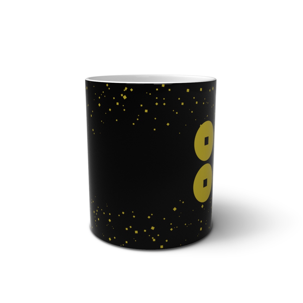 マグカップ 真田幸村・昌幸家紋 六文銭 黒に金粉ちりばめ