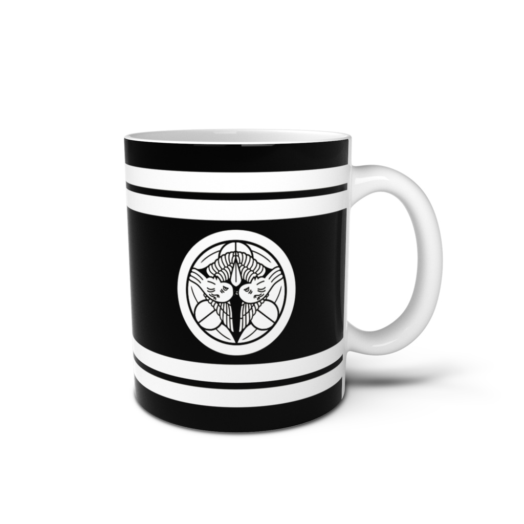 マグカップ 上杉謙信 家紋 竹に飛び雀 黒地に白縞