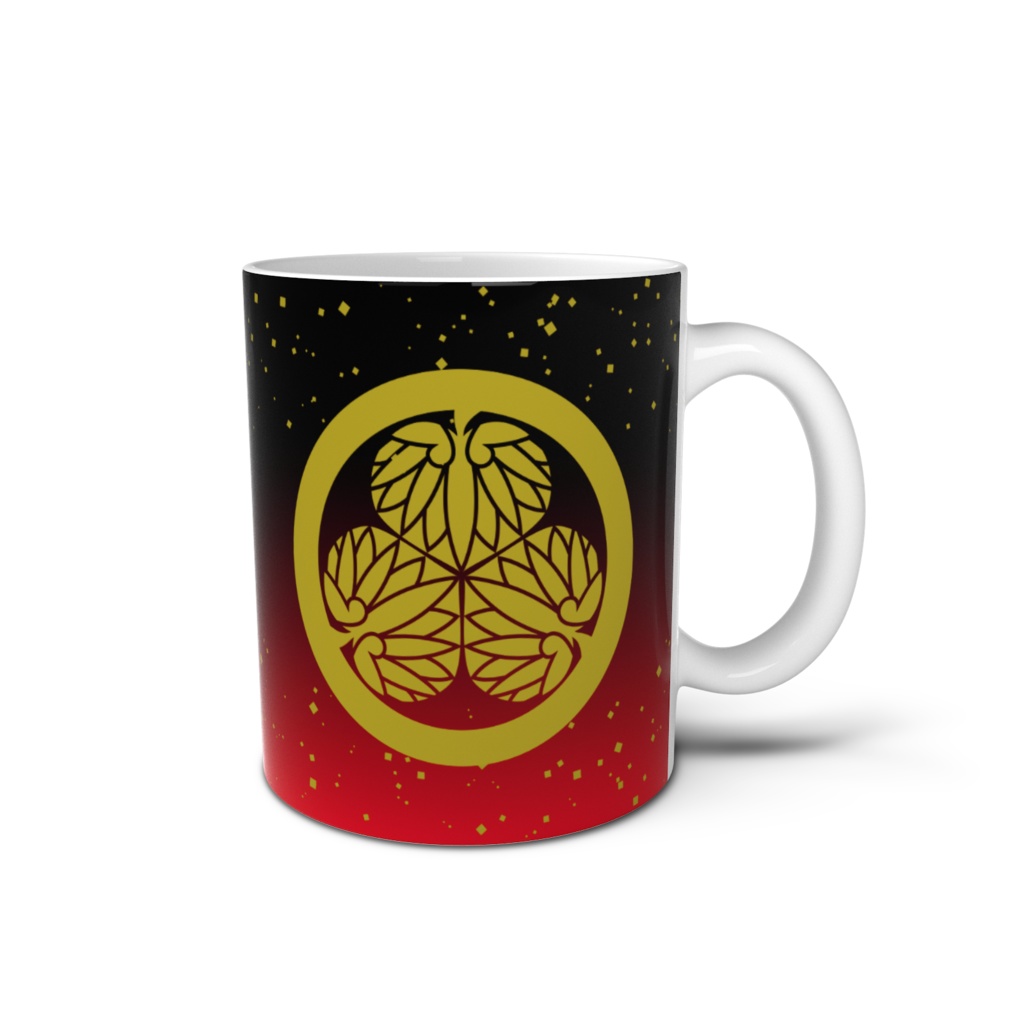 マグカップ 徳川家康 水戸黄門 家紋 三つ葉葵 黒地に赤 金箔