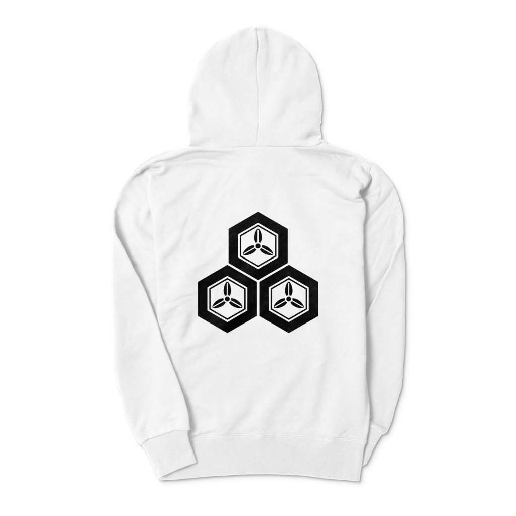 直江兼続 家紋 三つ盛亀甲に三つ葉 パーカー 白に黒