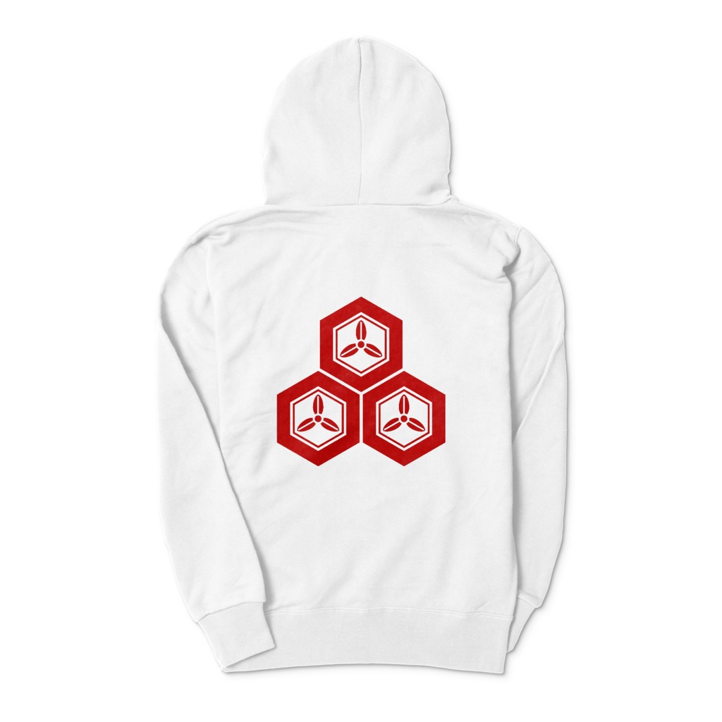 直江兼続 家紋 三つ盛亀甲に三つ葉 パーカー 白に赤