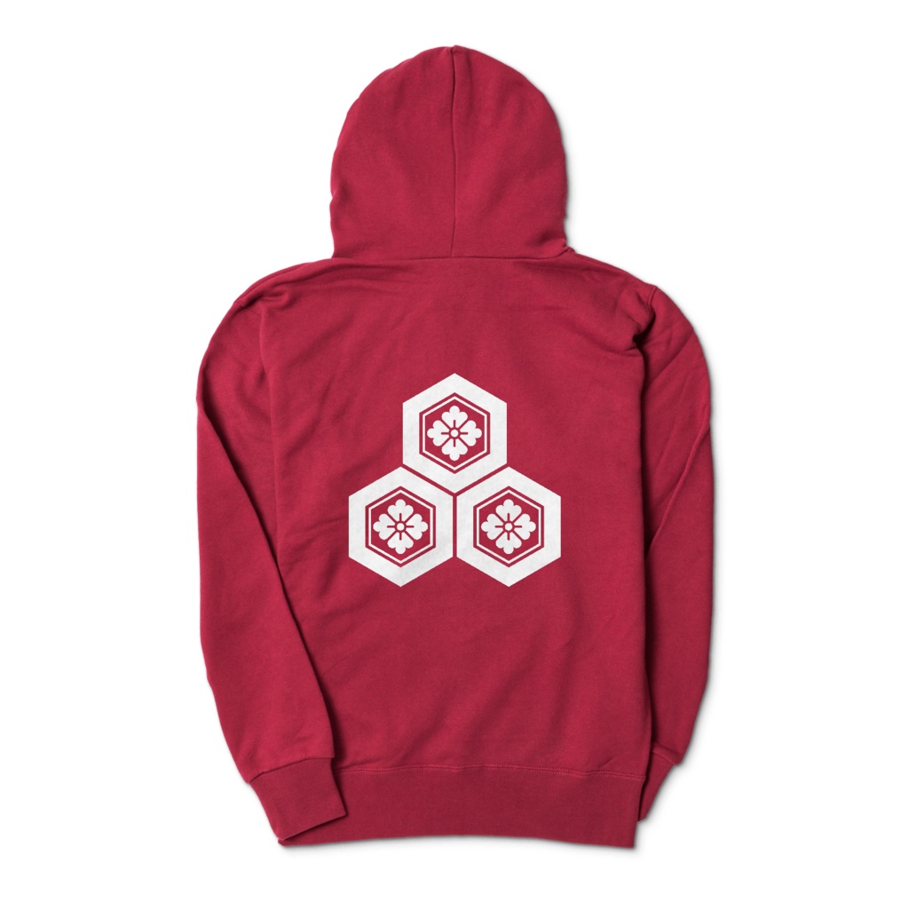 直江兼続 家紋 三つ盛亀甲に花菱 パーカー ワインレッドに白