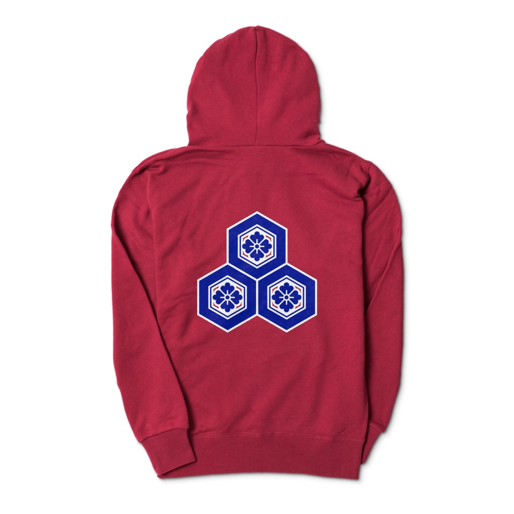 直江兼続 家紋 三つ盛亀甲に花菱 パーカー ワインレッドに青