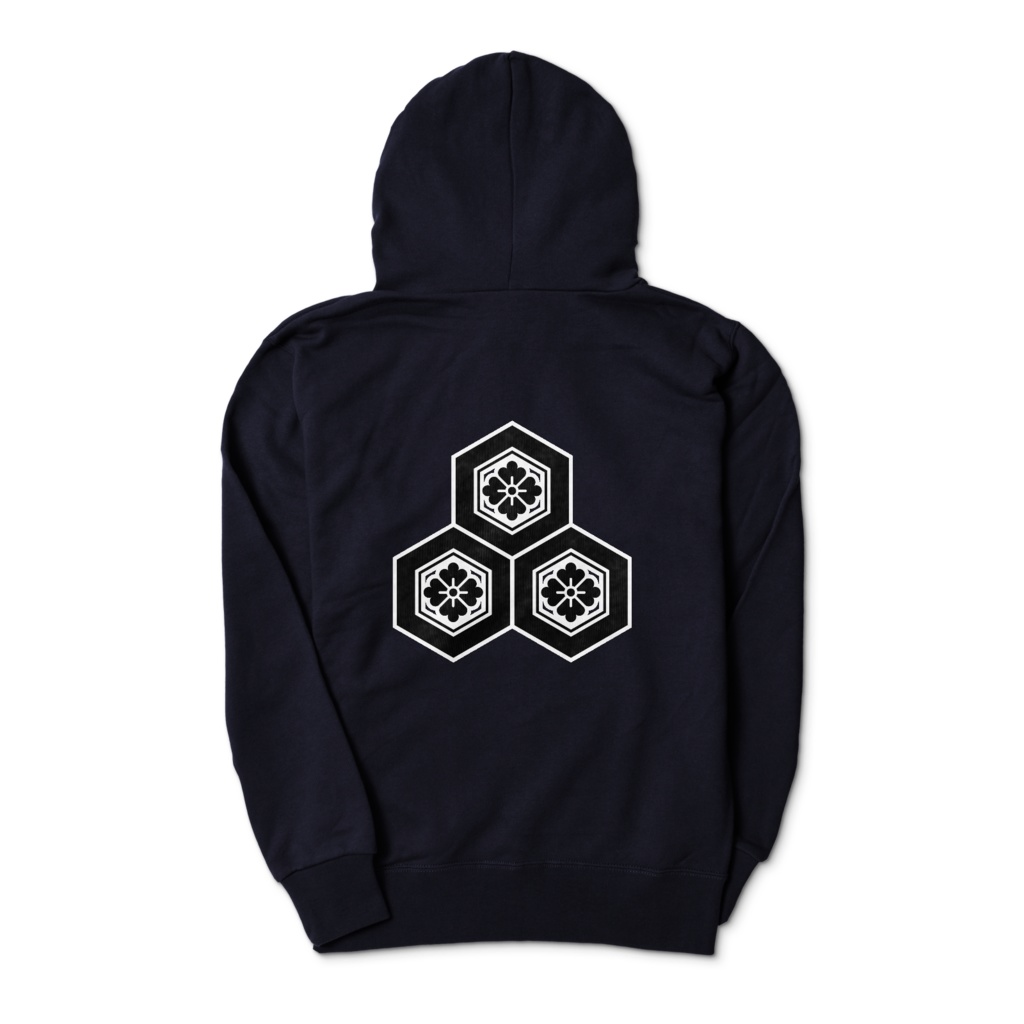 直江兼続 家紋 三つ盛亀甲に花菱 パーカー 紺に黒