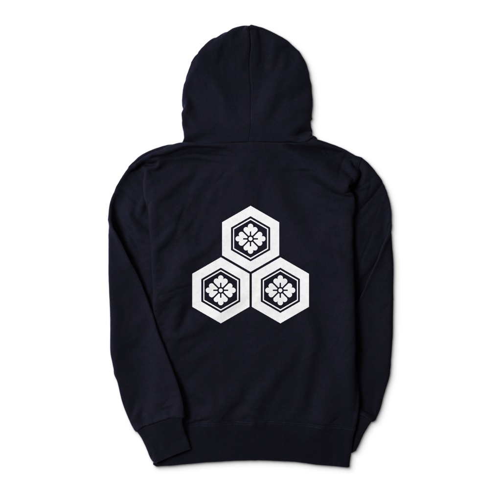 直江兼続 家紋 三つ盛亀甲に花菱 パーカー 紺に白