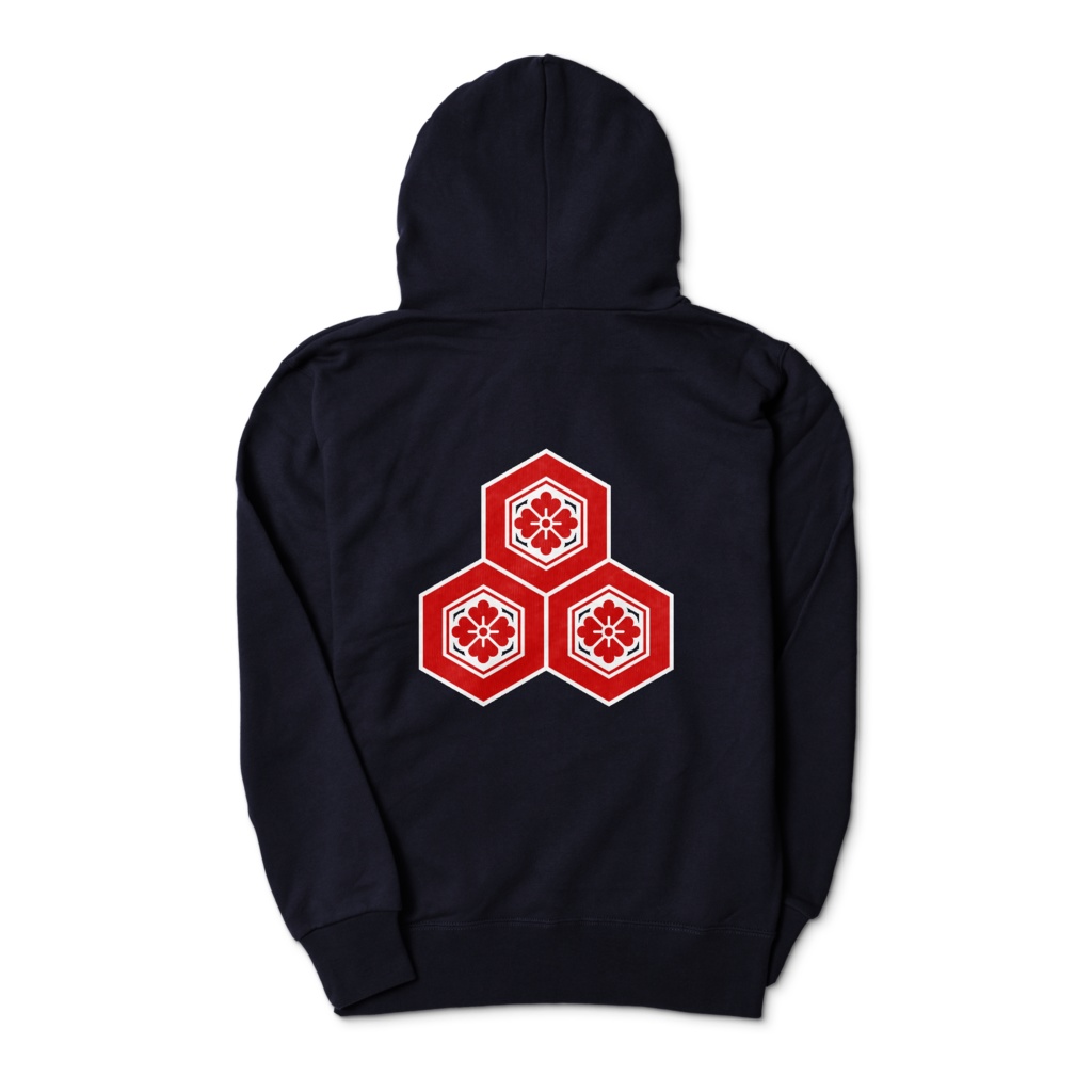 直江兼続 家紋 三つ盛亀甲に花菱 パーカー 紺に赤