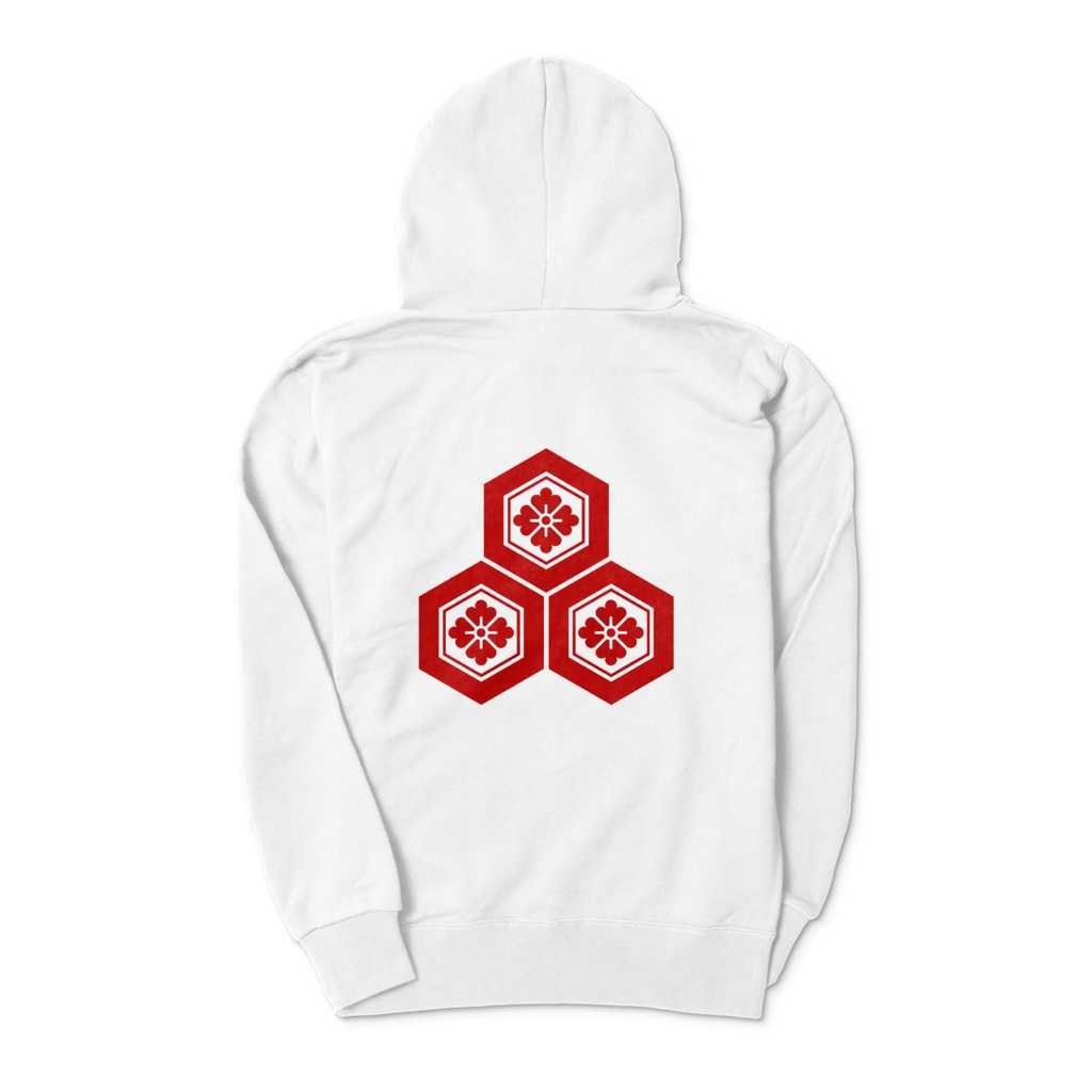 直江兼続 家紋 三つ盛亀甲に花菱 パーカー 白に赤