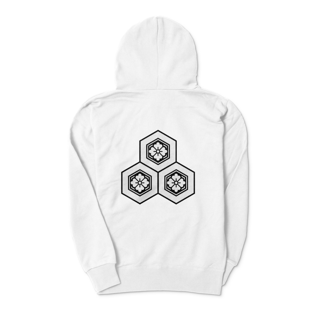 直江兼続 家紋 三つ盛亀甲に花菱 パーカー 白に黒白