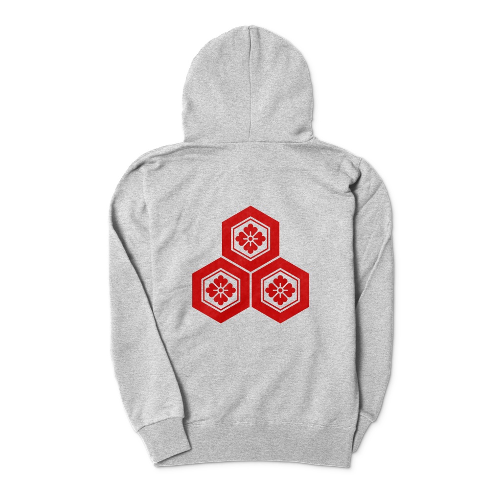 直江兼続 家紋 三つ盛亀甲に花菱 パーカー グレーに赤