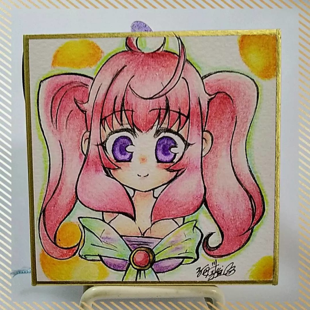 アナログイラスト原画豆色紙　ピンクっ娘　