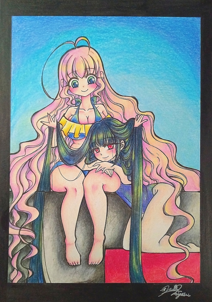 アナログイラスト原画　「112可愛い2人」