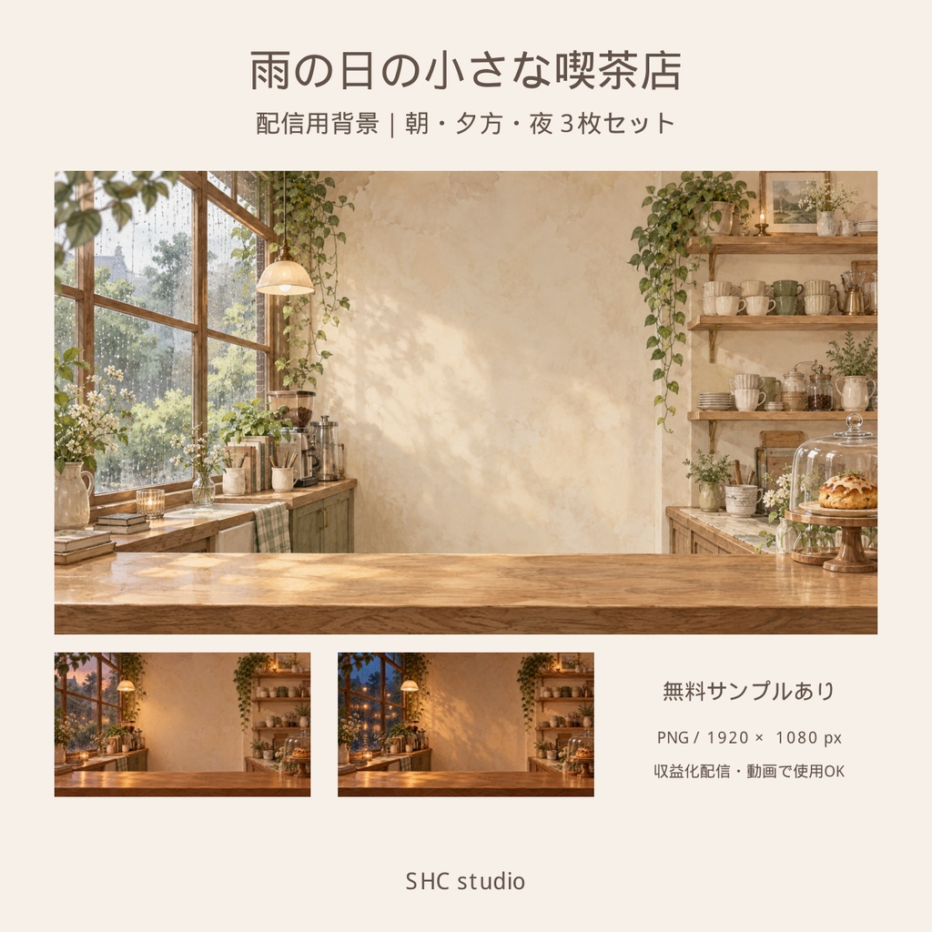 雨の日の小さな喫茶店|配信用背景 3枚セット【無料サンプルあり】