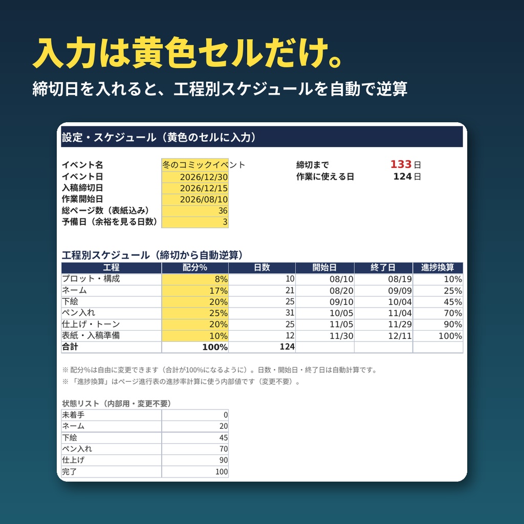 原稿進行・締切管理セット2026【Excel】締切から自動逆算・ページ進行表・進捗ダッシュボード