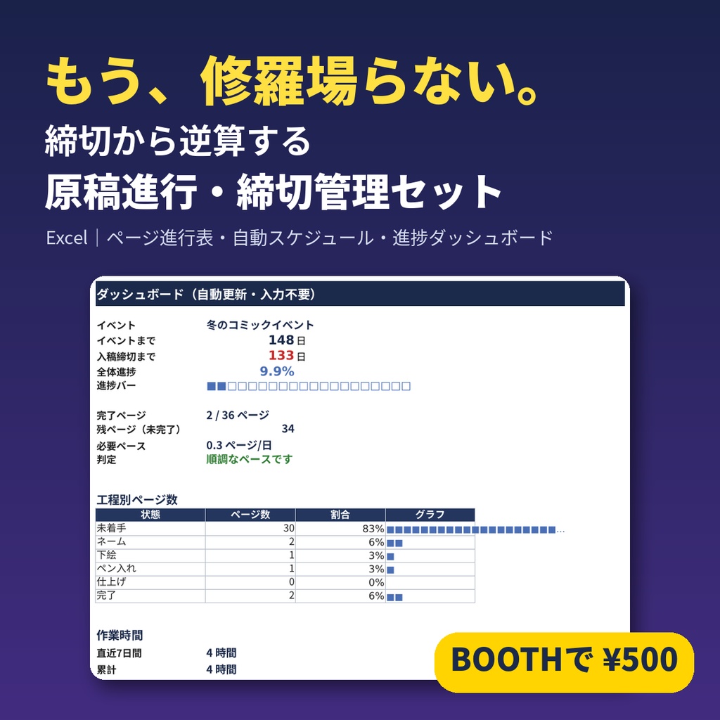 原稿進行・締切管理セット2026【Excel】締切から自動逆算・ページ進行表・進捗ダッシュボード