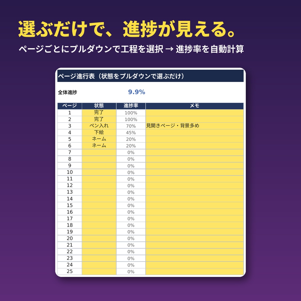 原稿進行・締切管理セット2026【Excel】締切から自動逆算・ページ進行表・進捗ダッシュボード