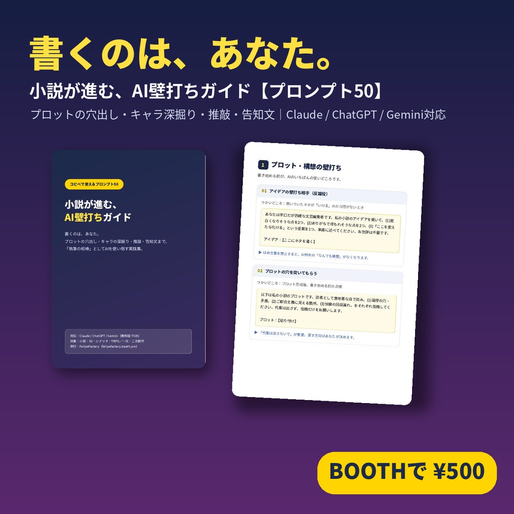 小説が進む、AI壁打ちガイド【コピペで使えるプロンプト50】推敲・プロット・告知文｜Claude/ChatGPT/Gemini対応