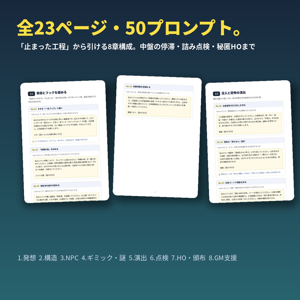 TRPGシナリオが完成する、AI壁打ちガイド【シナリオ制作プロンプト50】発想・NPC・ギミック・ハンドアウト・頒布文|システム不問・Claude/ChatGPT/Gemini対応