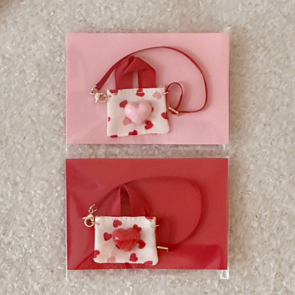 ロンパース3点セット、ハートポシェット(ピンク/赤