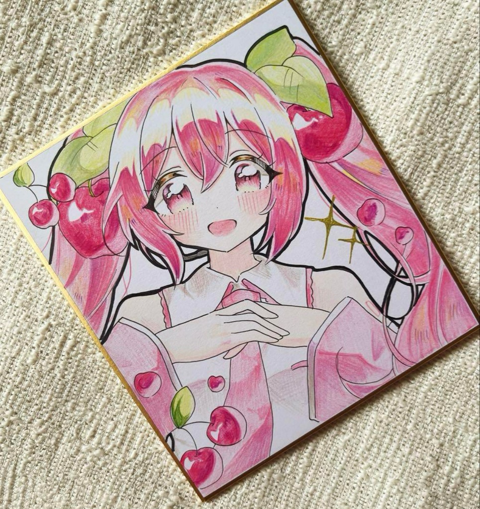 初音ミク 桜ミク 手描きイラスト色紙