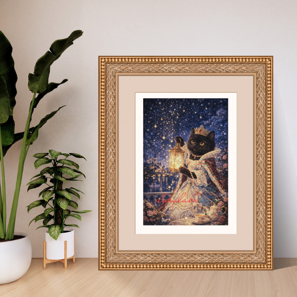 黒猫と星のランタン｜ロココ猫ポスター｜デジタルダウンロード｜猫アート｜壁掛けインテリア｜A4/A3/2:3/4:5対応