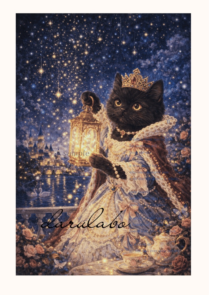 【貴族猫の日常】黒猫と星のランタン|ロココ猫ポスター|デジタルダウンロード|猫アート|壁掛けインテリア|A4/A3/2:3/4:5対応