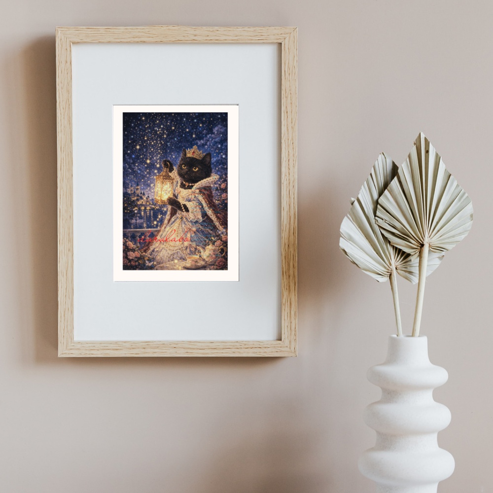 黒猫と星のランタン|ロココ猫ポスター|デジタルダウンロード|猫アート|壁掛けインテリア|A4/A3/2:3/4:5対応