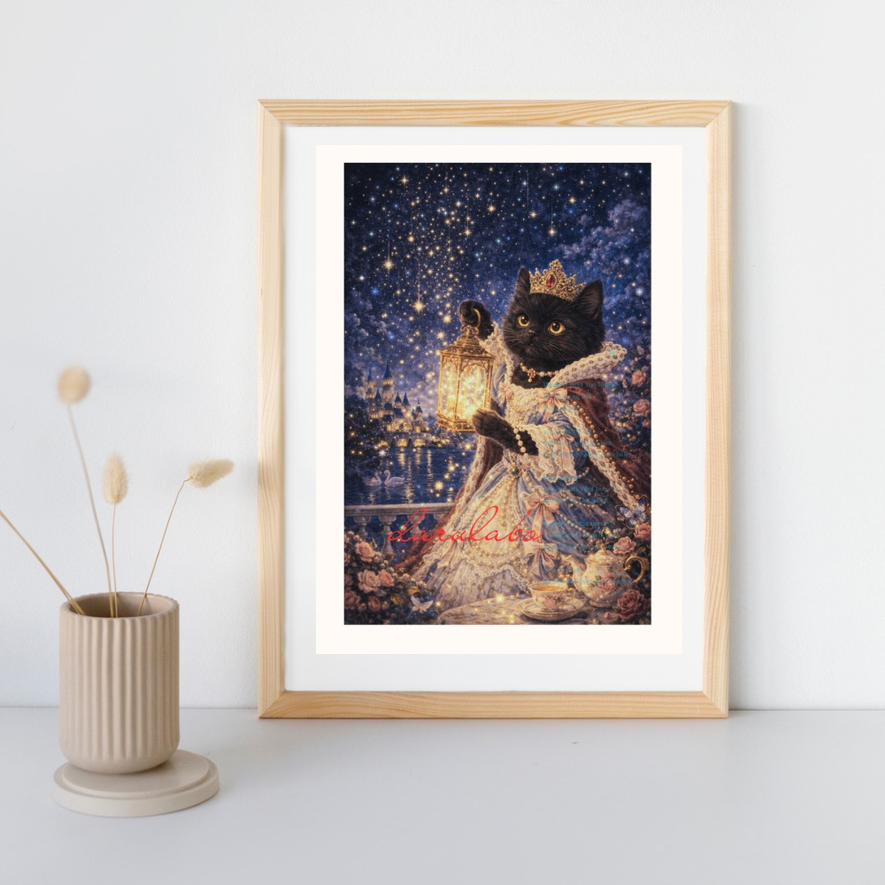 黒猫と星のランタン|ロココ猫ポスター|デジタルダウンロード|猫アート|壁掛けインテリア|A4/A3/2:3/4:5対応