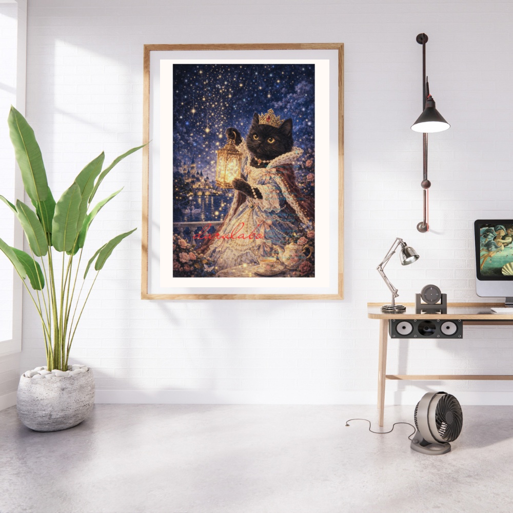 黒猫と星のランタン|ロココ猫ポスター|デジタルダウンロード|猫アート|壁掛けインテリア|A4/A3/2:3/4:5対応